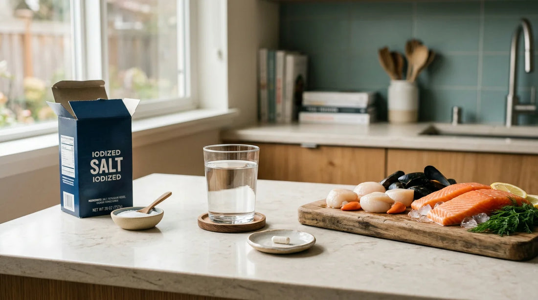 Dietary iodine sources and a supplement capsule arranged on a kitchen counter