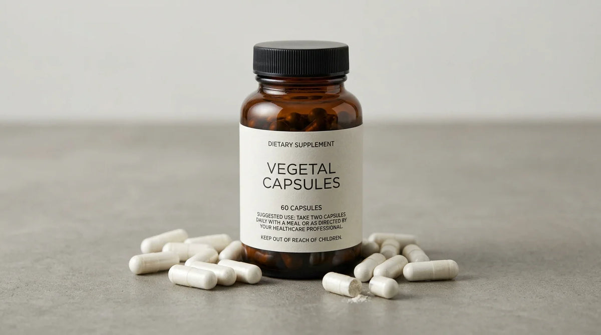 Unbranded amber supplement bottle with white capsules in a clean studio setting
