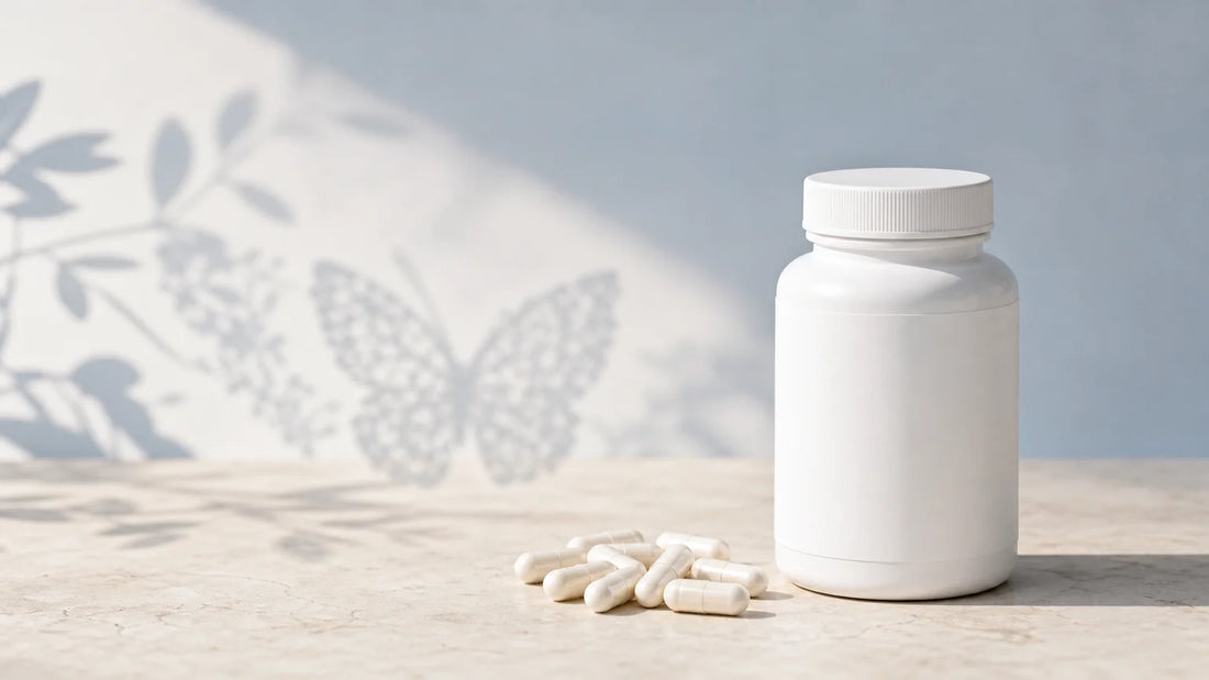 Unbranded thyroid support supplement capsules arranged in a clean professional setting