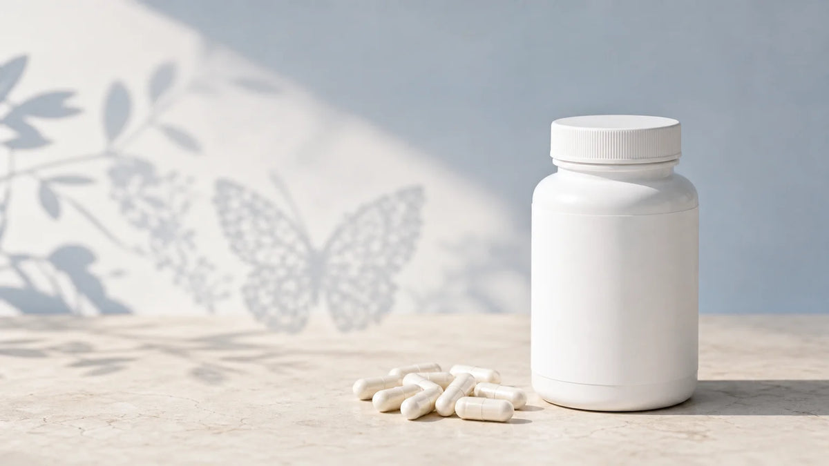 Unbranded thyroid support supplement capsules arranged in a clean professional setting