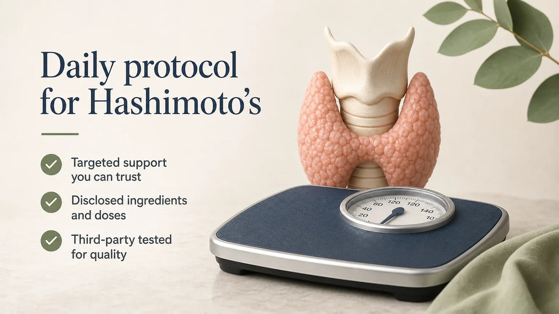 Editorial illustration of thyroid supplements, weight loss claims, and a review checklist