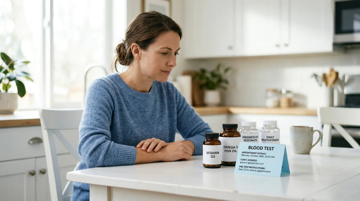 Patient reviewing supplement bottles next to a thyroid test appointment card