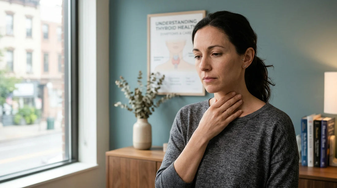 Woman touching her neck, representing awareness of thyroid health