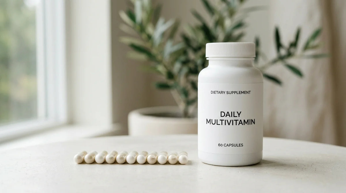 Plain supplement bottle with capsules on a minimalist surface