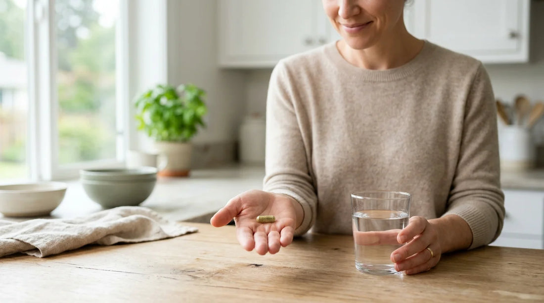 A person holding a single supplement capsule beside a glass of water in morning light