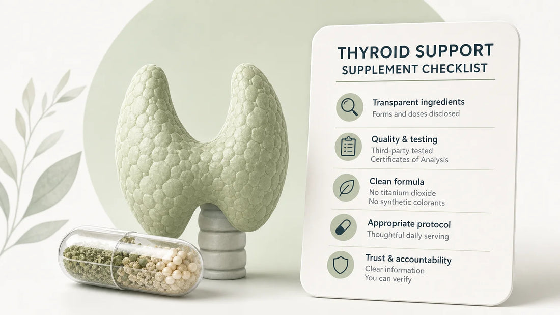 Editorial illustration of a thyroid supplement evaluation checklist
