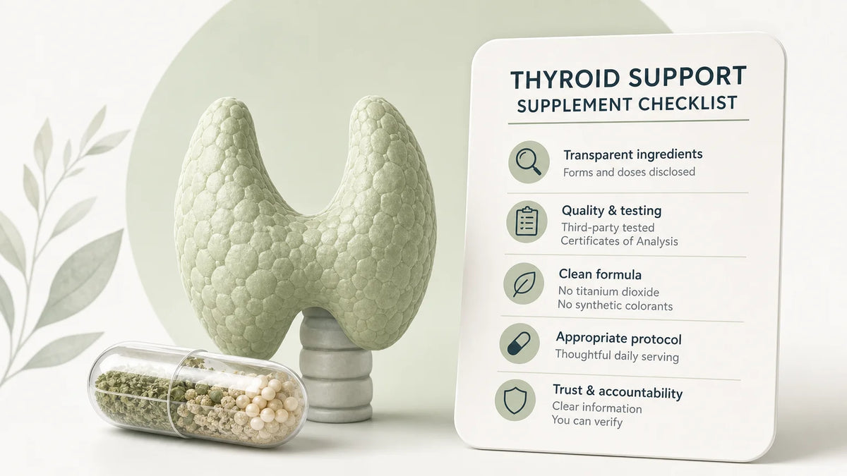 Editorial illustration of a thyroid supplement evaluation checklist