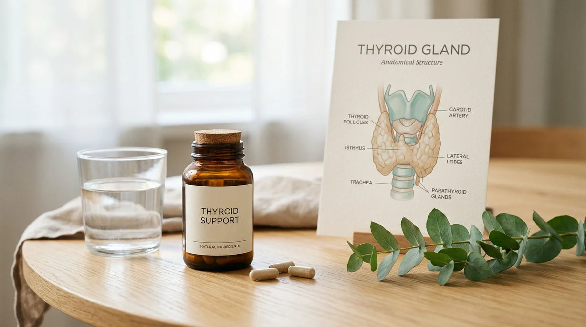Unbranded supplement bottle and capsules beside a thyroid illustration on a wooden table