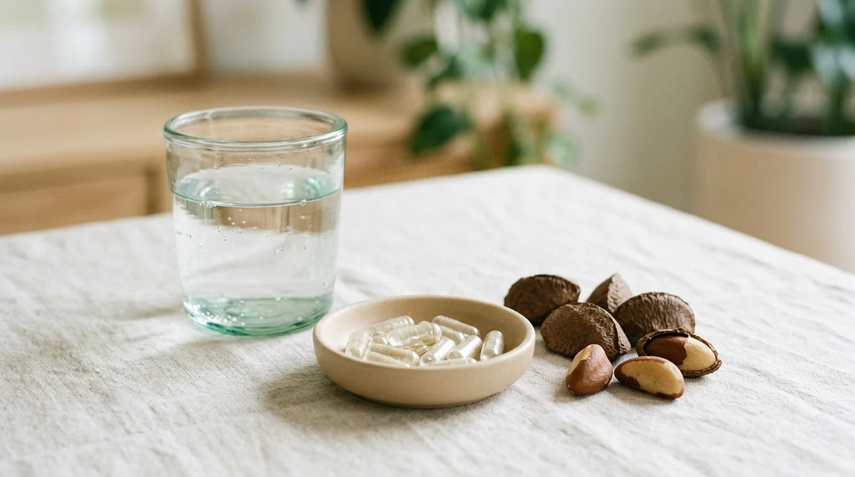 Clear capsules, water, and brazil nuts in a calm wellness setting
