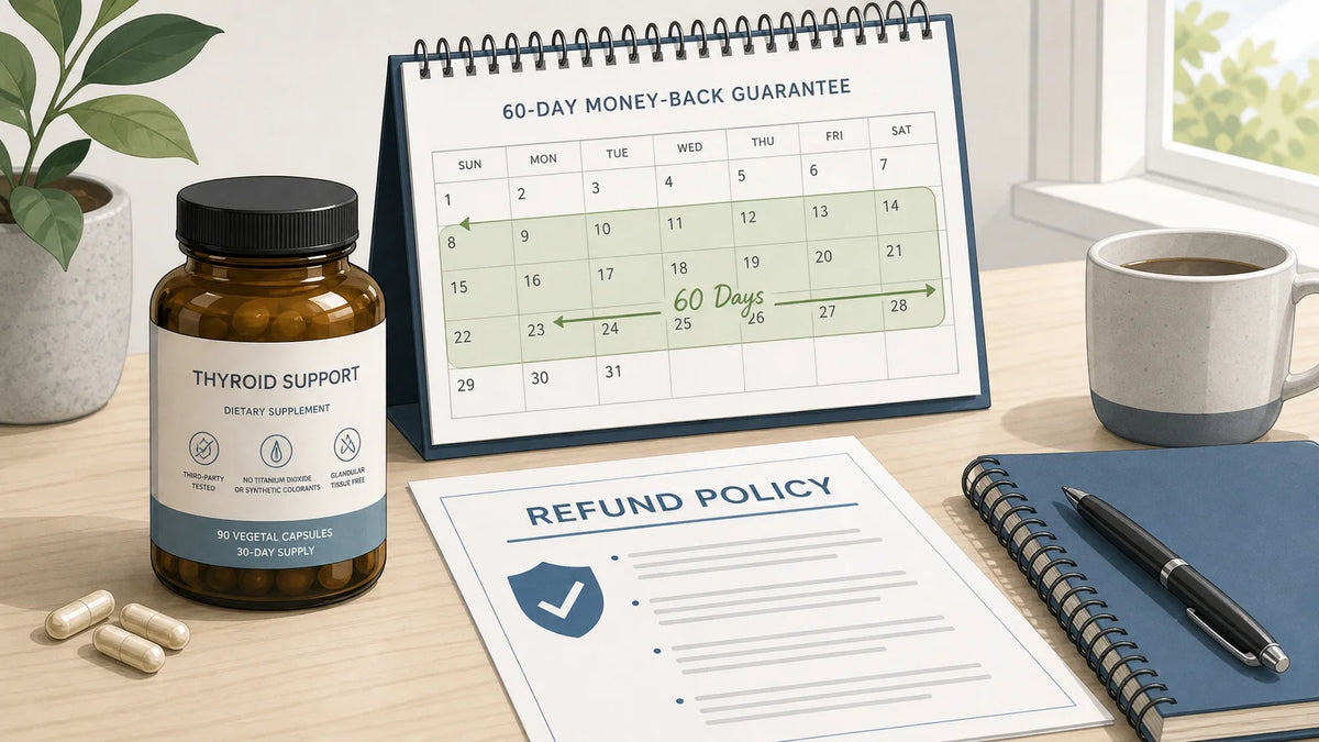 Generic supplement bottle beside a 60-day refund policy and calendar