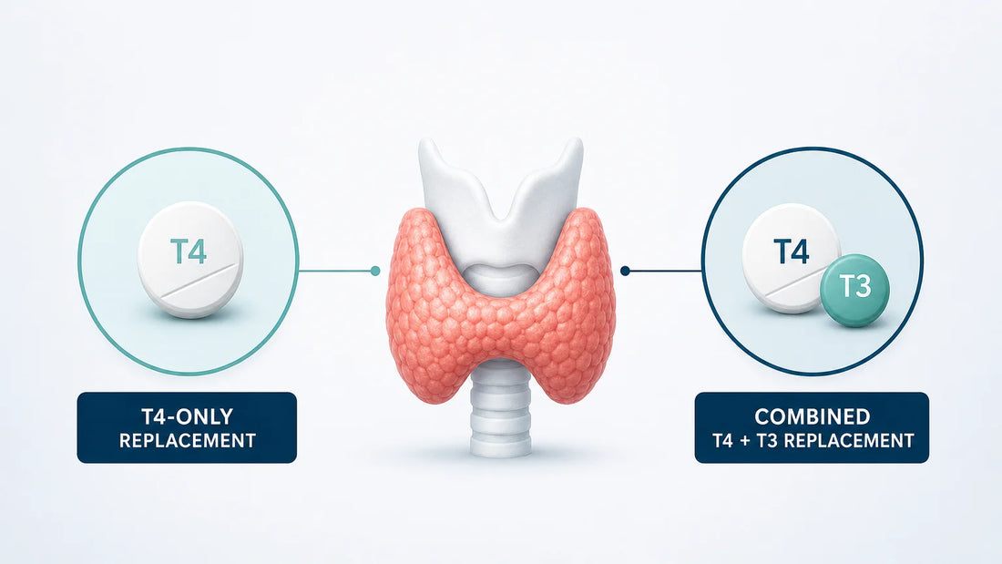 Editorial illustration comparing T4-only and combined T4 and T3 thyroid replacement