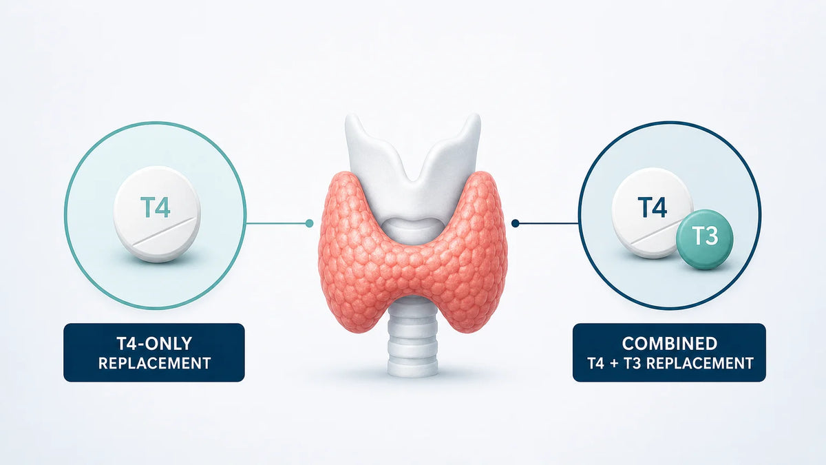 Editorial illustration comparing T4-only and combined T4 and T3 thyroid replacement