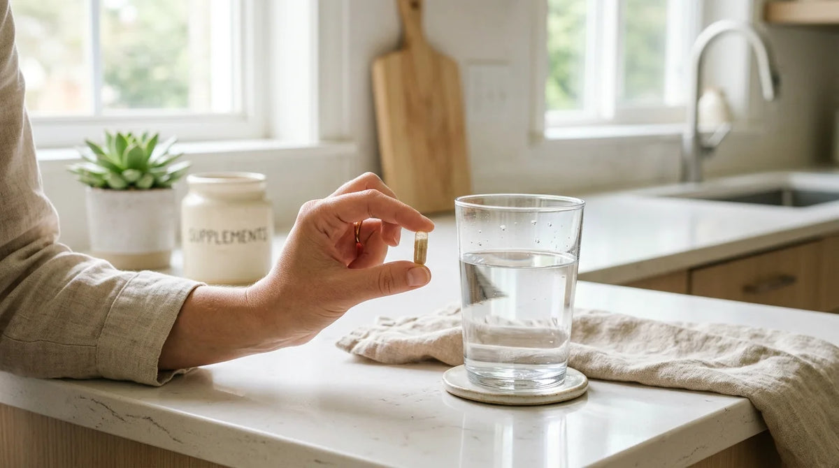 A hand holding a thyroid supplement capsule next to a glass of water in soft morning light