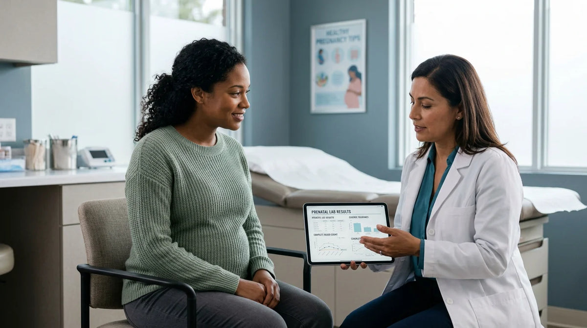 Pregnant woman reviewing thyroid lab results with a clinician in a clinic