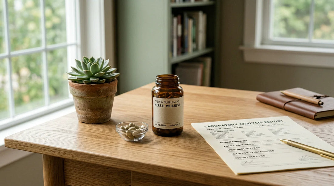 Thyroid support supplement bottle, capsules, and a lab report on a wooden desk
